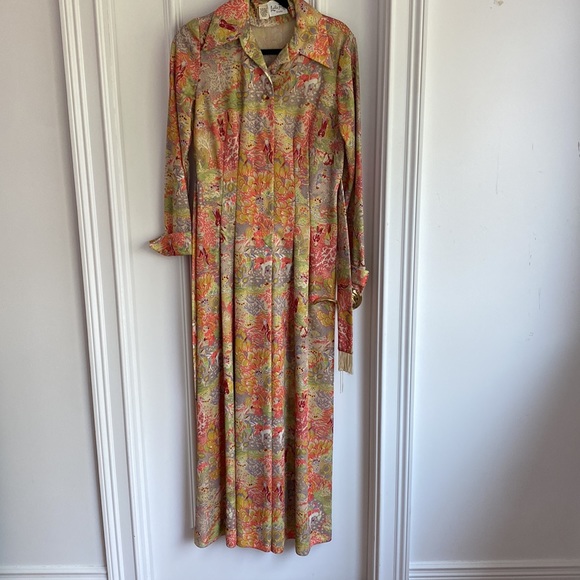 ✨Stunning Leslie Fay VINTAGE 70’S POLY SHIRT FRINGE MAXI DRESS BOHO CHIC - S/M - Picture 2 of 10